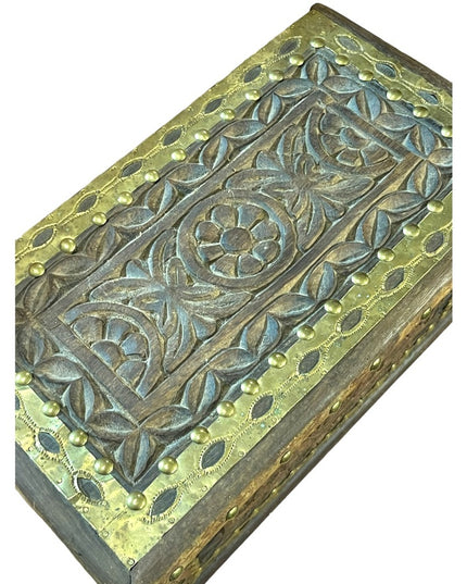 Vintage Carved flowers solid wood brass trim Jewelry box trinket Mexico