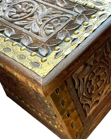 Vintage Carved flowers solid wood brass trim Jewelry box trinket Mexico