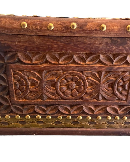Vintage Carved flowers solid wood brass trim Jewelry box trinket Mexico