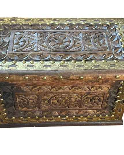 Vintage Carved flowers solid wood brass trim Jewelry box trinket Mexico