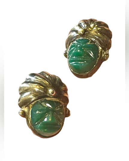 Vintage Mexican Sterling silver Aztec Mayan Warrior 925 Green onyx earrings RRA