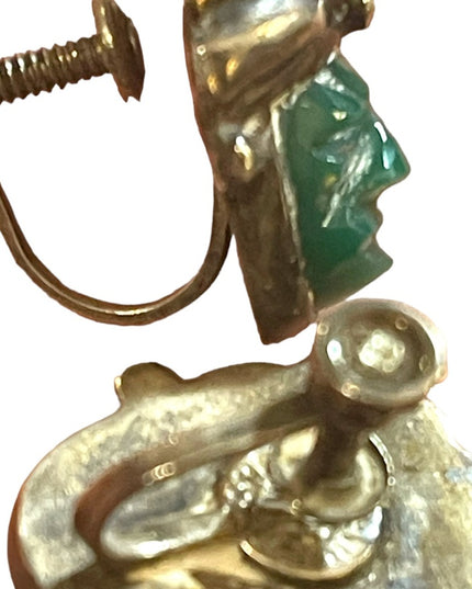 Vintage Mexican Sterling silver Aztec Mayan Warrior 925 Green onyx earrings RRA