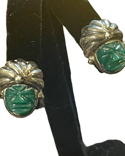 Vintage Mexican Sterling silver Aztec Mayan Warrior 925 Green onyx earrings RRA