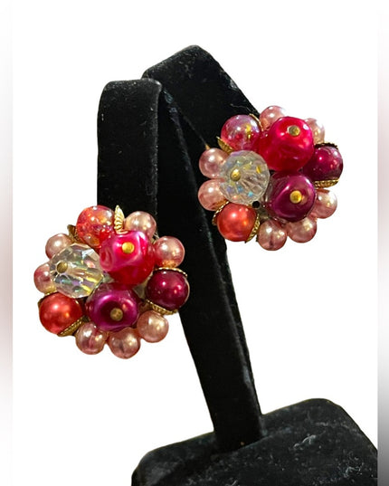 Vintage 1950s Flamingo pink variety fancy clip on earrings w crystals