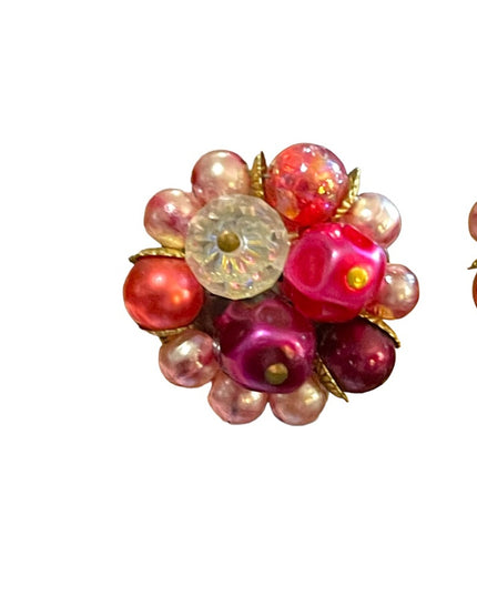 Vintage 1950s Flamingo pink variety fancy clip on earrings w crystals