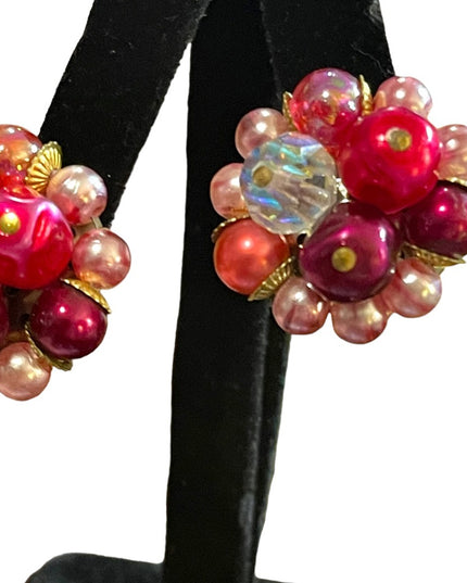Vintage 1950s Flamingo pink variety fancy clip on earrings w crystals
