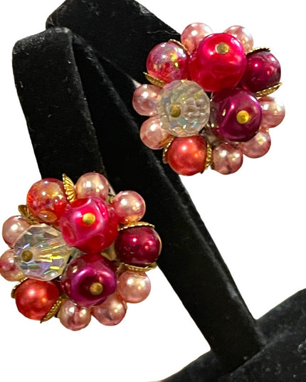 Vintage 1950s Flamingo pink variety fancy clip on earrings w crystals