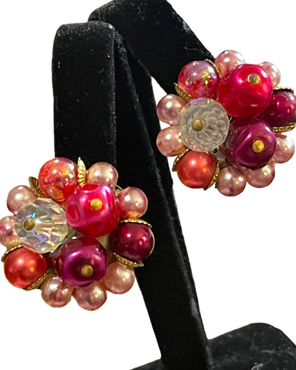 Vintage 1950s Flamingo pink variety fancy clip on earrings w crystals