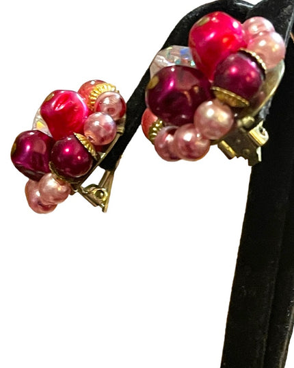 Vintage 1950s Flamingo pink variety fancy clip on earrings w crystals