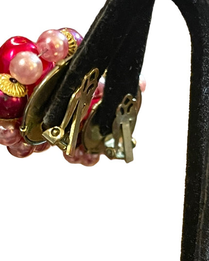 Vintage 1950s Flamingo pink variety fancy clip on earrings w crystals