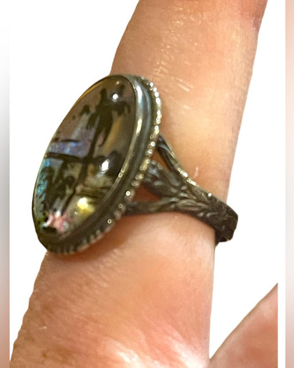 Vintage sterling silver 925 England Butterfly wing coastal scene Adjustable ring