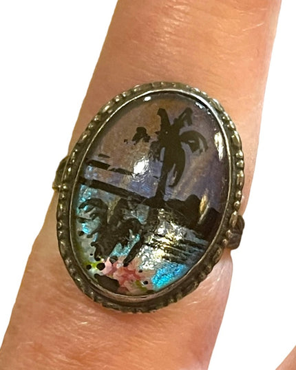 Vintage sterling silver 925 England Butterfly wing coastal scene Adjustable ring