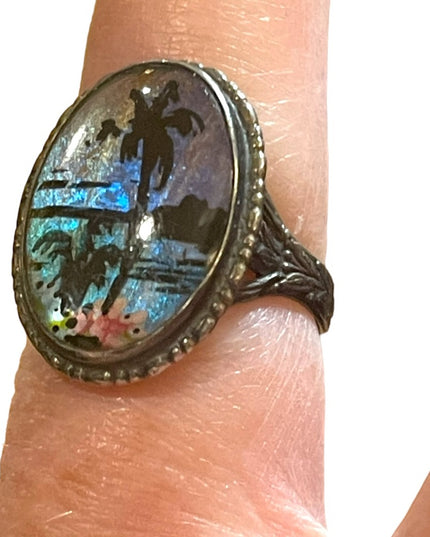 Vintage sterling silver 925 England Butterfly wing coastal scene Adjustable ring