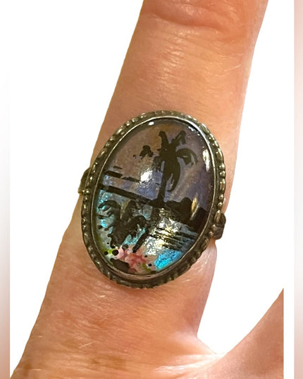 Vintage sterling silver 925 England Butterfly wing coastal scene Adjustable ring