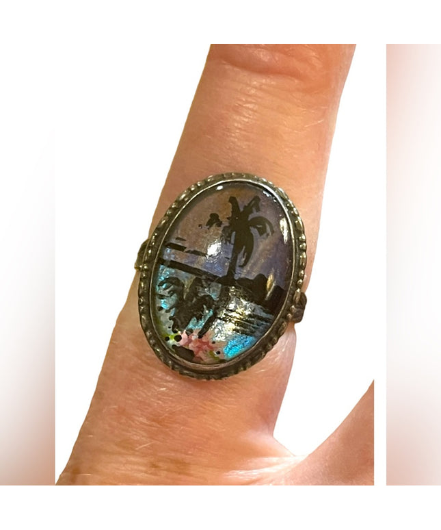 Vintage sterling silver 925 England Butterfly wing coastal scene Adjustable ring