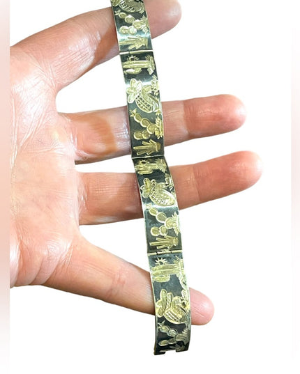 Vintage sterling silver 925 Etched Mexican sitting under cactus tree bracelet