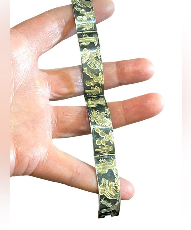 Vintage sterling silver 925 Etched Mexican sitting under cactus tree bracelet