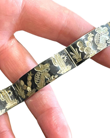 Vintage sterling silver 925 Etched Mexican sitting under cactus tree bracelet