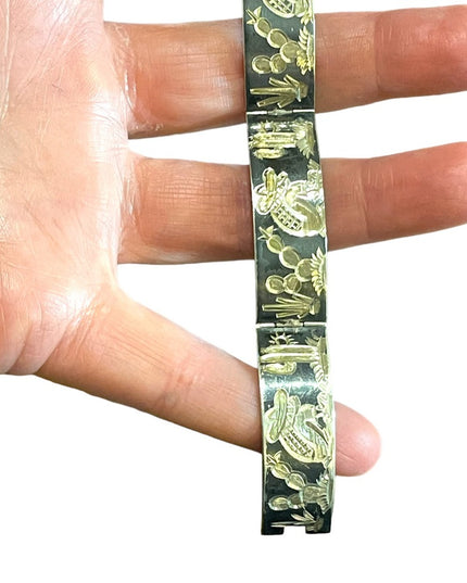 Vintage sterling silver 925 Etched Mexican sitting under cactus tree bracelet