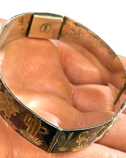 Vintage sterling silver 925 Etched Mexican sitting under cactus tree bracelet