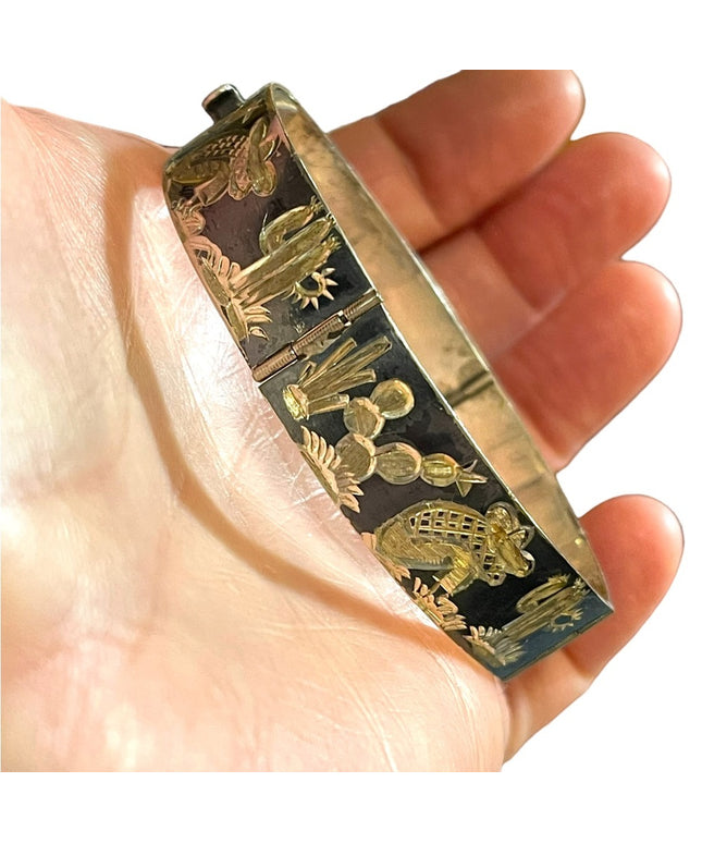 Vintage sterling silver 925 Etched Mexican sitting under cactus tree bracelet