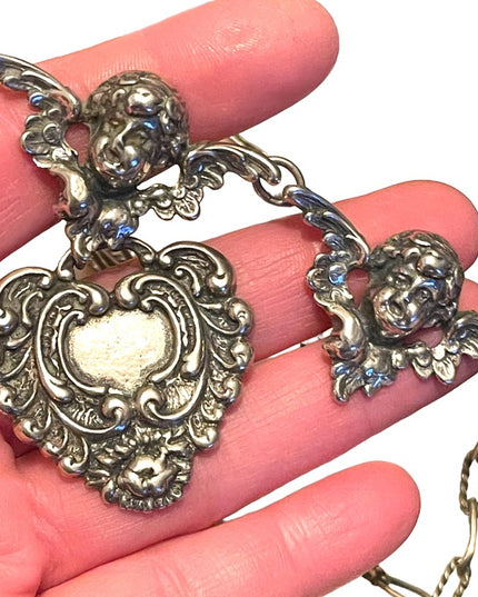 Vintage Art Deco Victorian T Foree Hunsicker Cherub Angel Sterling necklace RARE