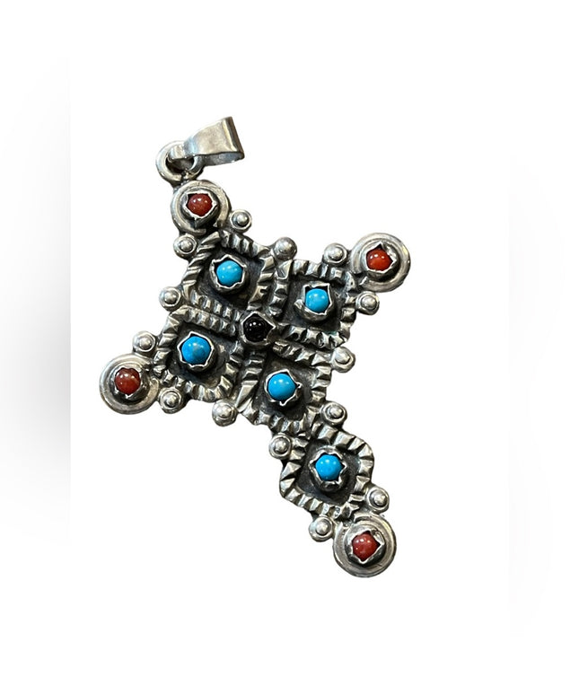 Vintage Sterling silver 925 Coral turquois amethyst cross pendant Mecico