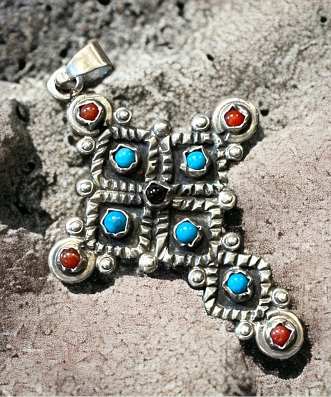 Vintage Sterling silver 925 Coral turquois amethyst cross pendant Mecico