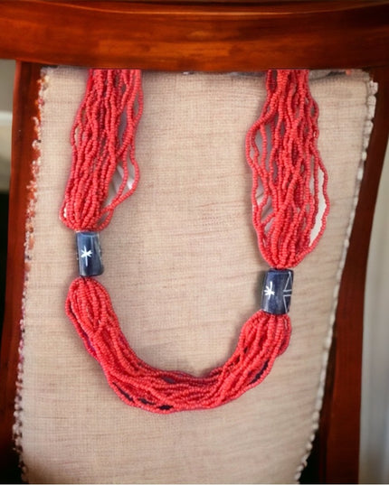 Vintage multi strand orangel tribal island micro bead necklace 24’