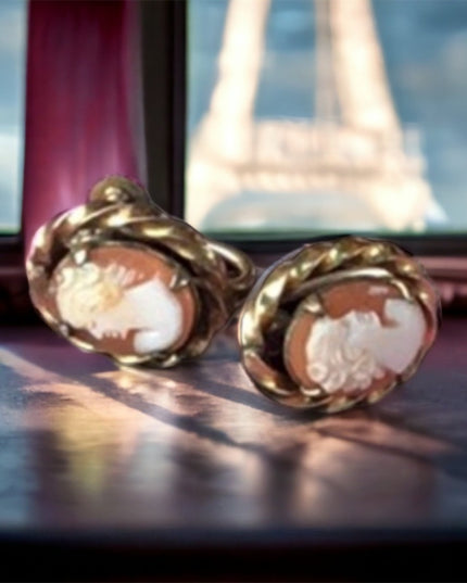 Vintage gold filled cameo earrings shell carved