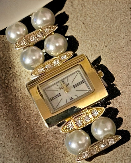 - NWT Stauer Pearl gold finish fancy rhinestone watch party wedding event