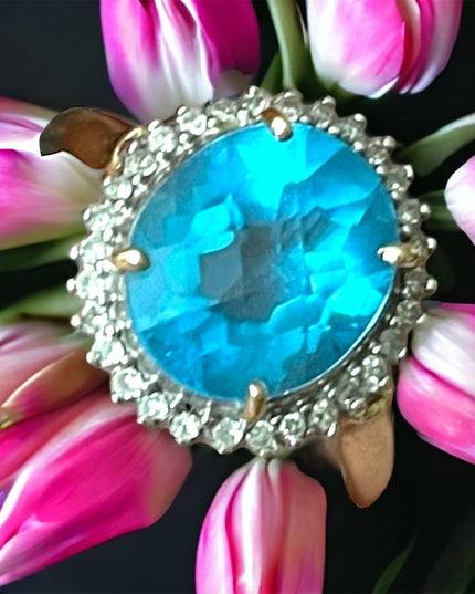 Stunning Vintage 10k Yellow Gold Large London Blue Topaz & Diamond ring