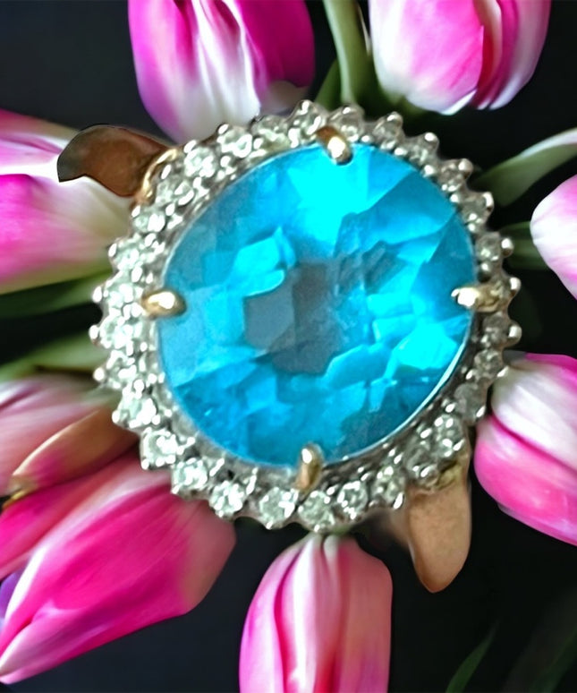 Stunning Vintage 10k Yellow Gold Large London Blue Topaz & Diamond ring
