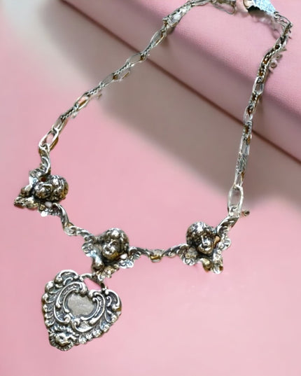 Vintage Art Deco Victorian T Foree Hunsicker Cherub Angel Sterling necklace RARE