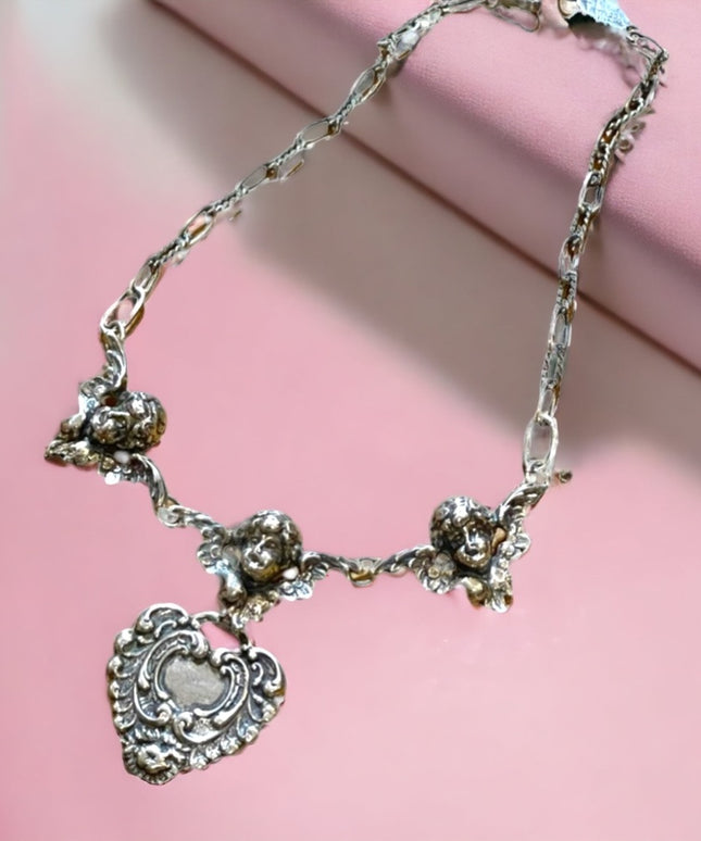 Vintage Art Deco Victorian T Foree Hunsicker Cherub Angel Sterling necklace RARE
