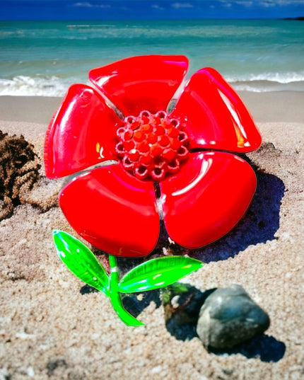 Vintage red flower With rhinestones metal brooch 1970s