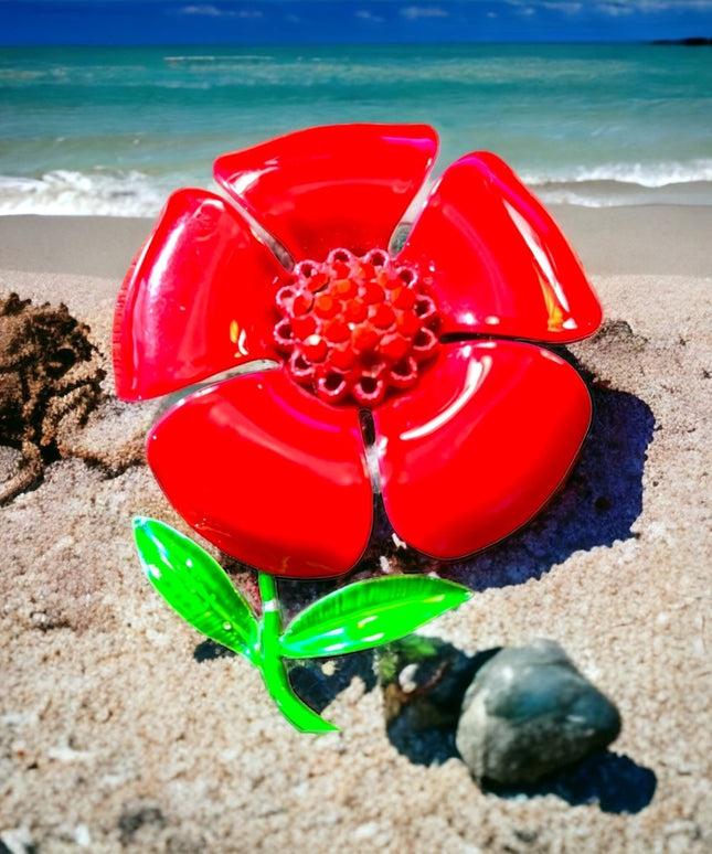 Vintage red flower With rhinestones metal brooch 1970s