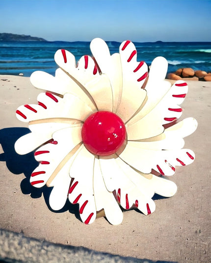 Vintage 1960s White & Red Flower large metal brooch