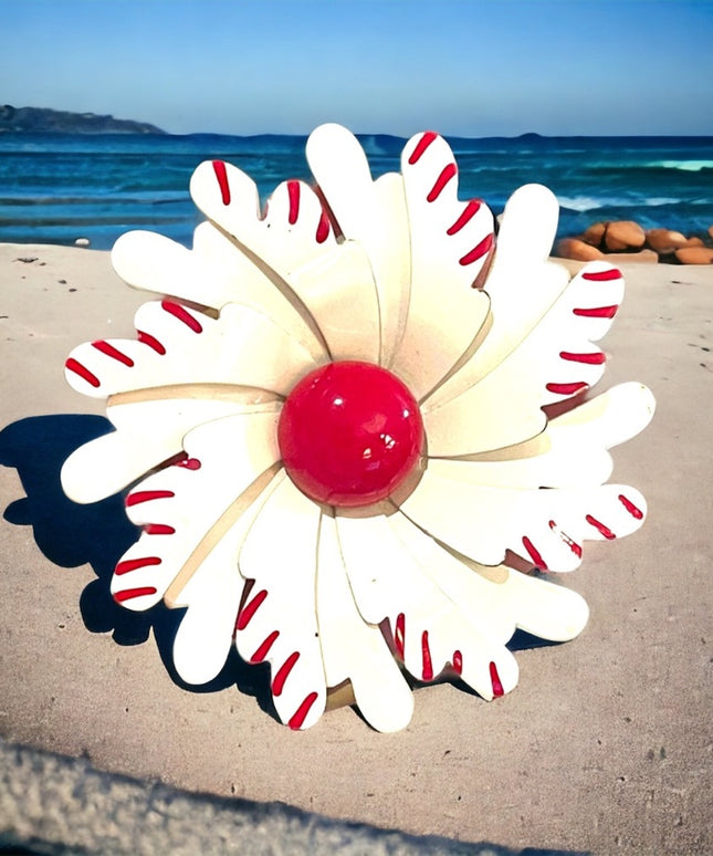 Vintage 1960s White & Red Flower large metal brooch