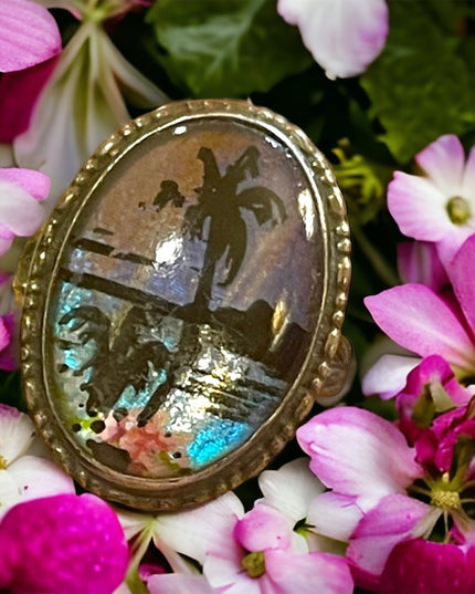 Vintage sterling silver 925 England Butterfly wing coastal scene Adjustable ring