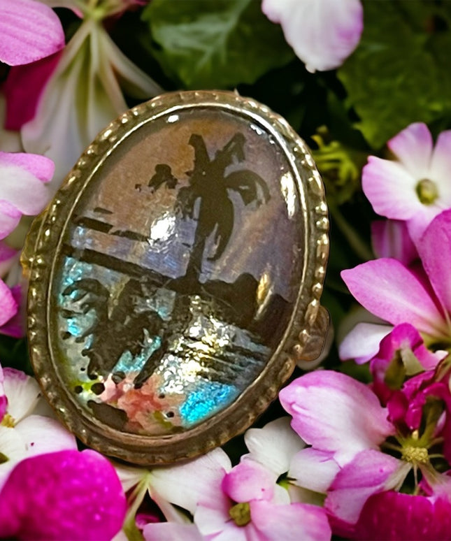 Vintage sterling silver 925 England Butterfly wing coastal scene Adjustable ring