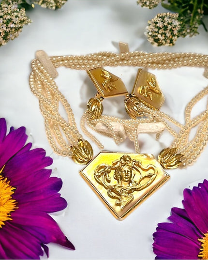 1990s FAC Butler Faux pearl goddess Brooch necklace earrings statement SET