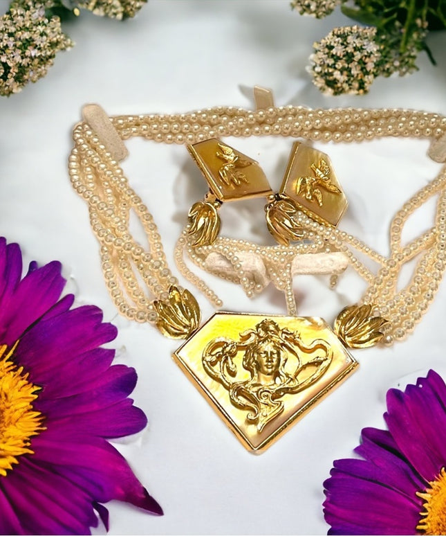 1990s FAC Butler Faux pearl goddess Brooch necklace earrings statement SET