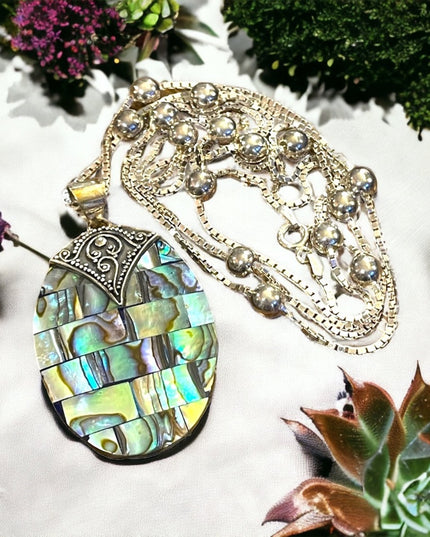 Balenisian Style Abalone Sterling silver pendant & LONG necklace sterling beads
