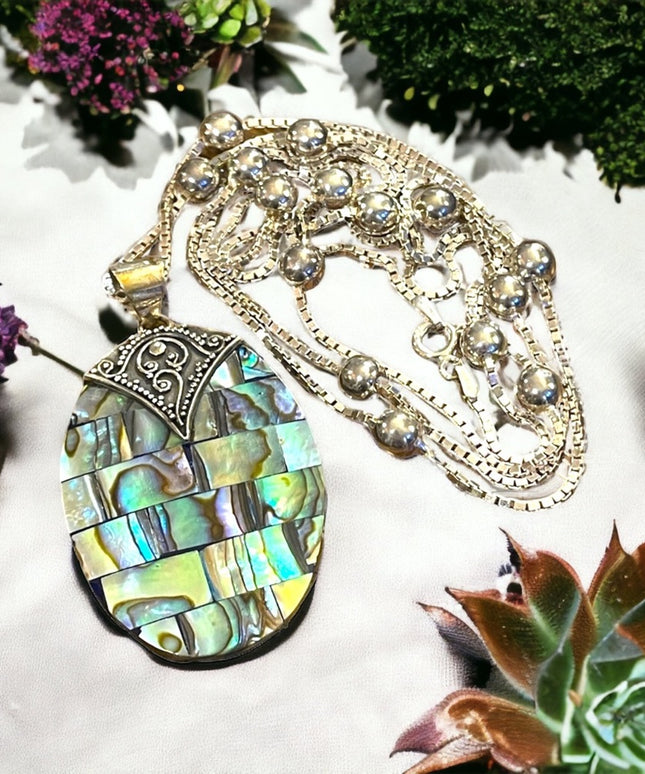 Balenisian Style Abalone Sterling silver pendant & LONG necklace sterling beads