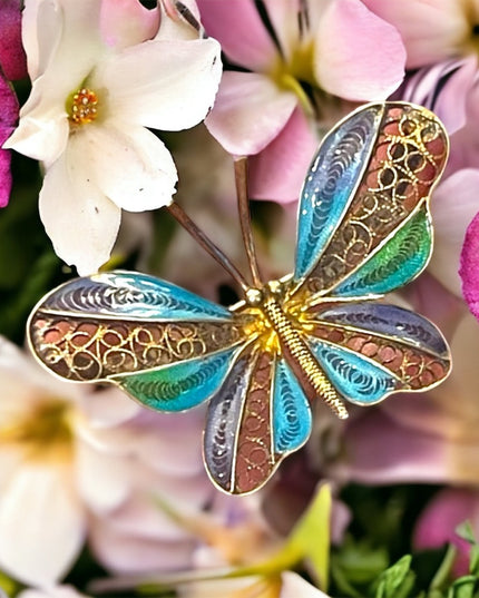Antique Sterling silver 925 chinese export filagree enameled butterfly brooch