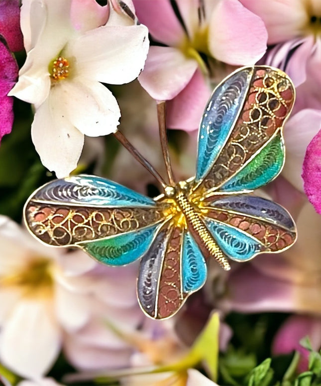 Antique Sterling silver 925 chinese export filagree enameled butterfly brooch