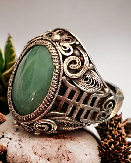 Antique Chinese Sterling silver 925 filagree good luck Jade ring export RARE