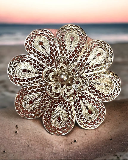 Vintage 1960s Silver filagree stunning large flower brooch chinese export