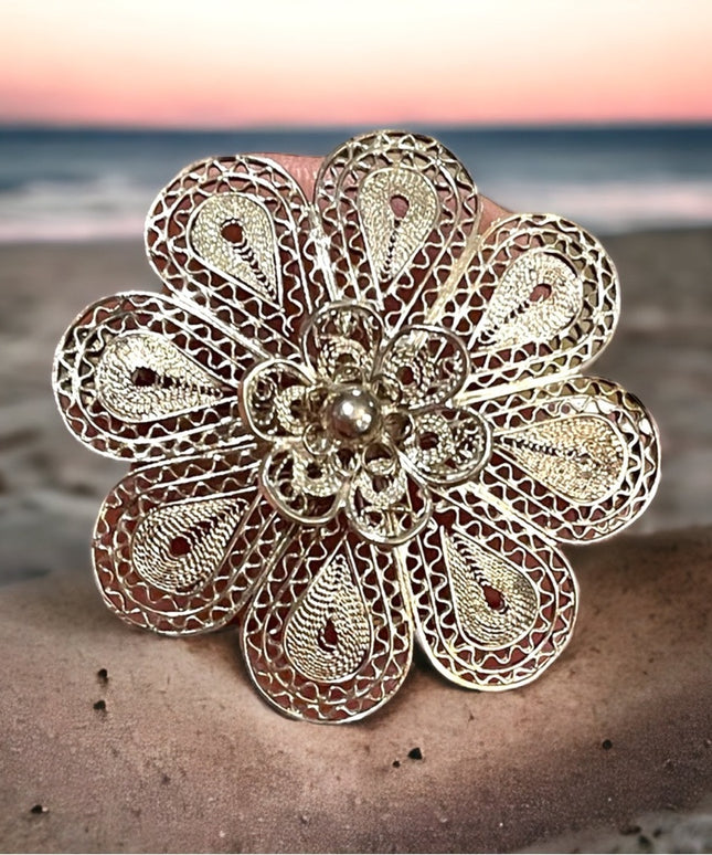 Vintage 1960s Silver filagree stunning large flower brooch chinese export